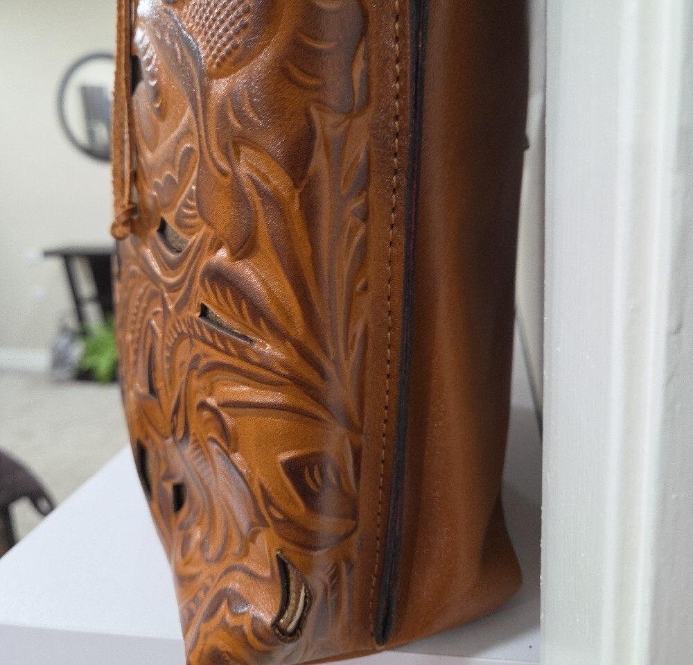 Patricia Nash Large Handcrafted Brown Floral Tooled Leather Tote Bag 13x11x5 - Picture 4 of 8
